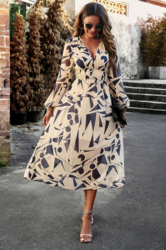 Boho V Neck A Line High Waist Long Sleeve Dress - Pikemla