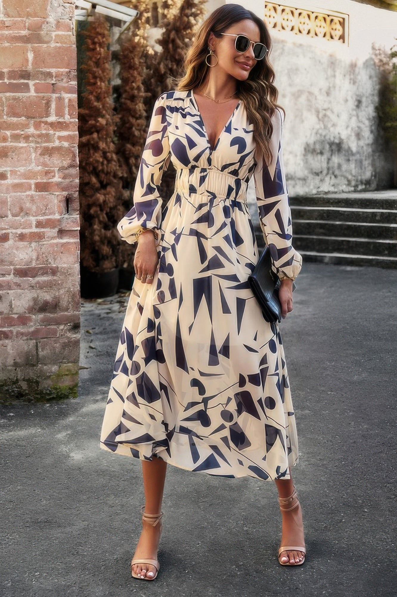 Boho V Neck A Line High Waist Long Sleeve Dress - Pikemla