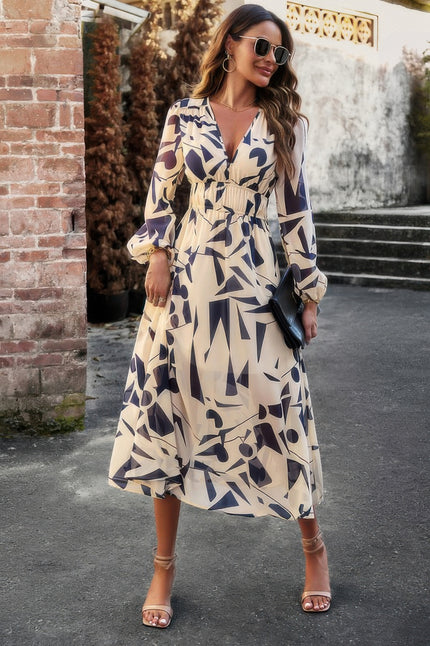 Boho V Neck A Line High Waist Long Sleeve Dress - Pikemla