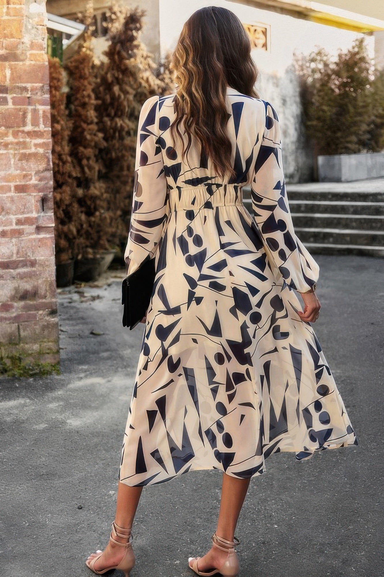 Boho V Neck A Line High Waist Long Sleeve Dress - Pikemla