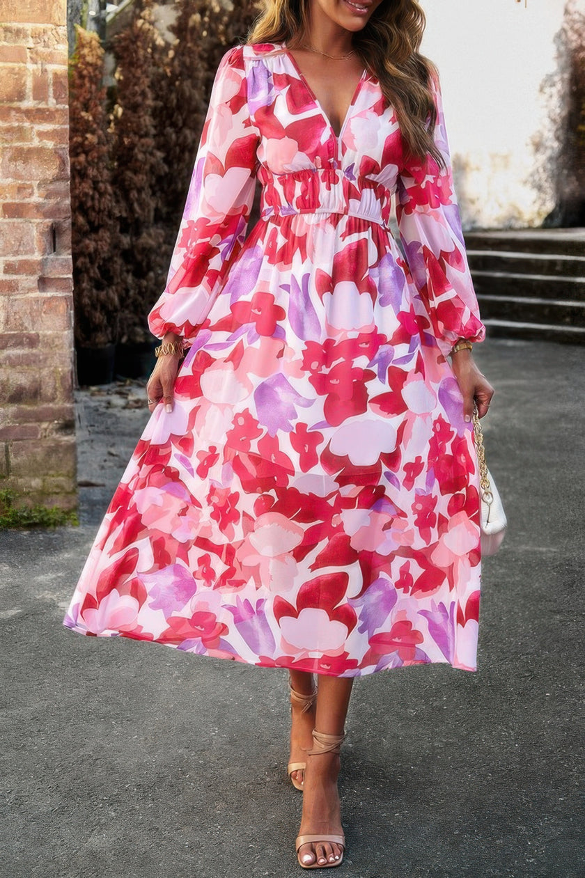 Boho V Neck A Line High Waist Long Sleeve Dress - Pikemla