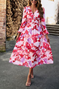 Boho V Neck A Line High Waist Long Sleeve Dress - Pikemla