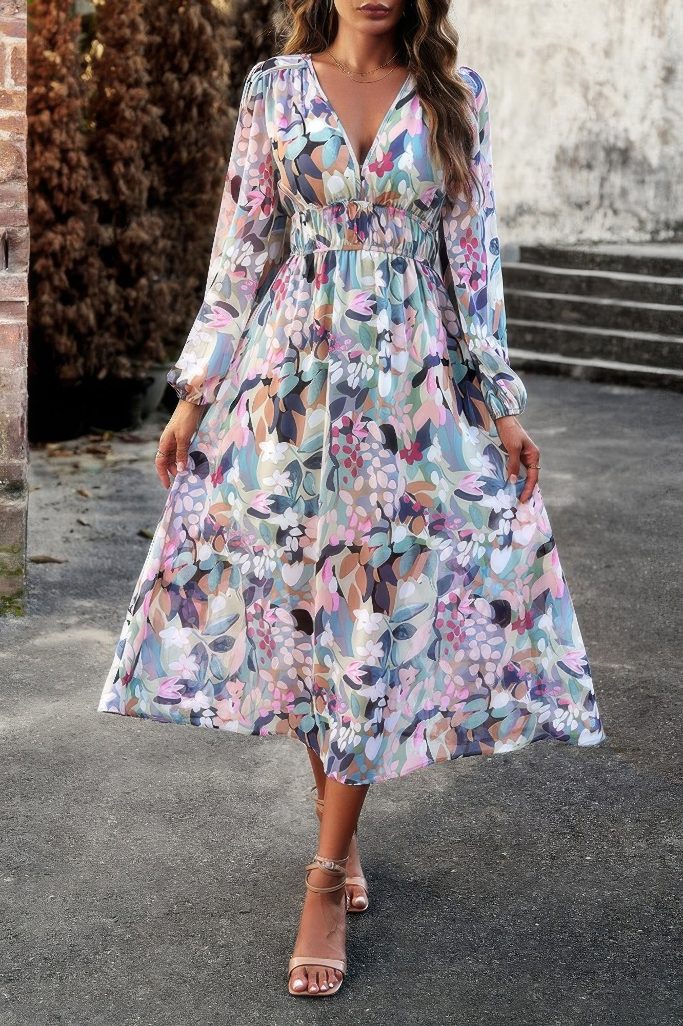 Boho V Neck A Line High Waist Long Sleeve Dress - Pikemla