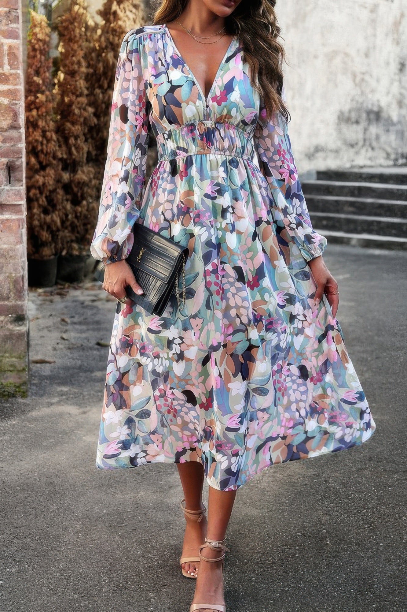 Boho V Neck A Line High Waist Long Sleeve Dress - Pikemla