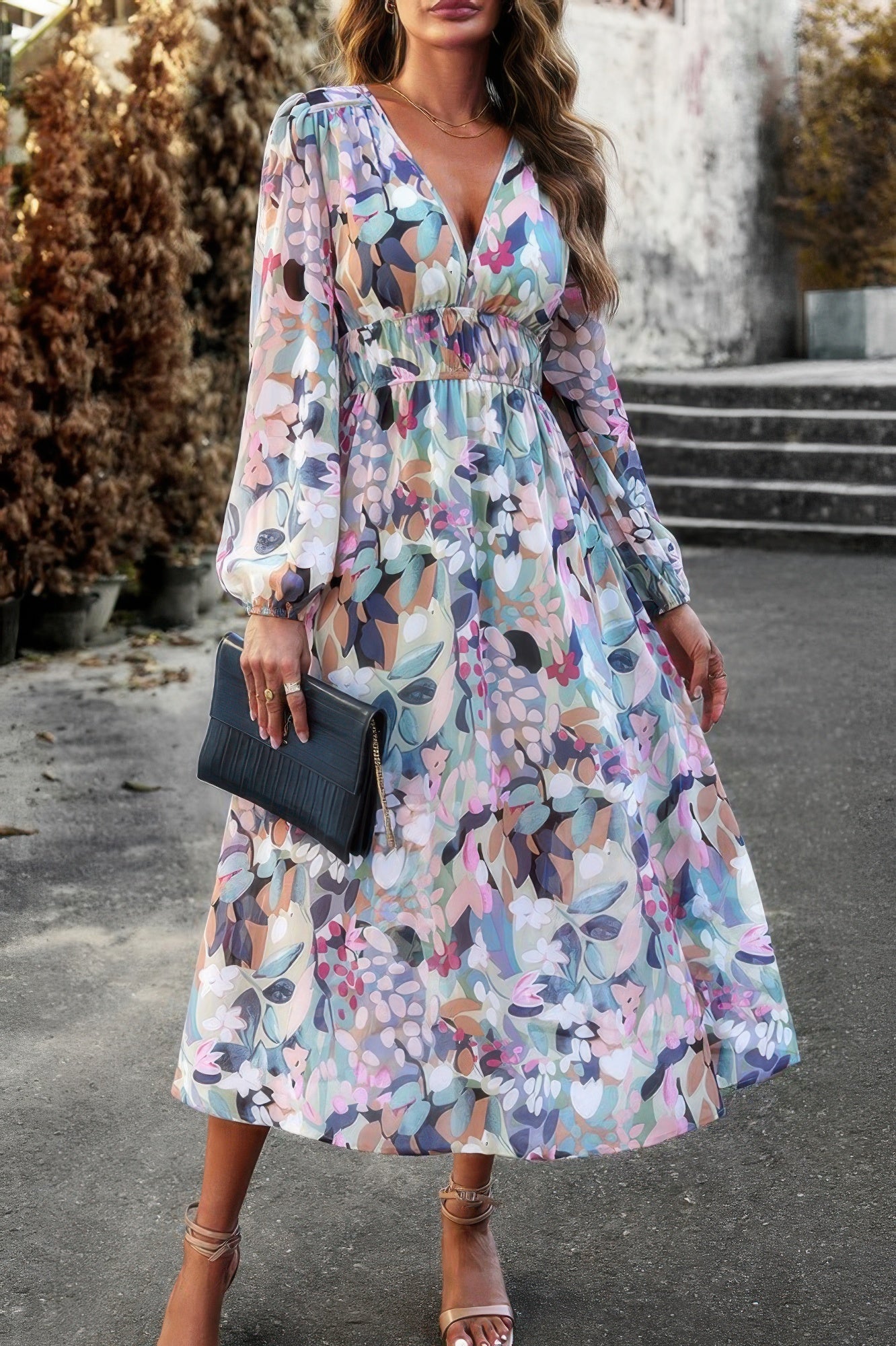 Boho V Neck A Line High Waist Long Sleeve Dress - Pikemla