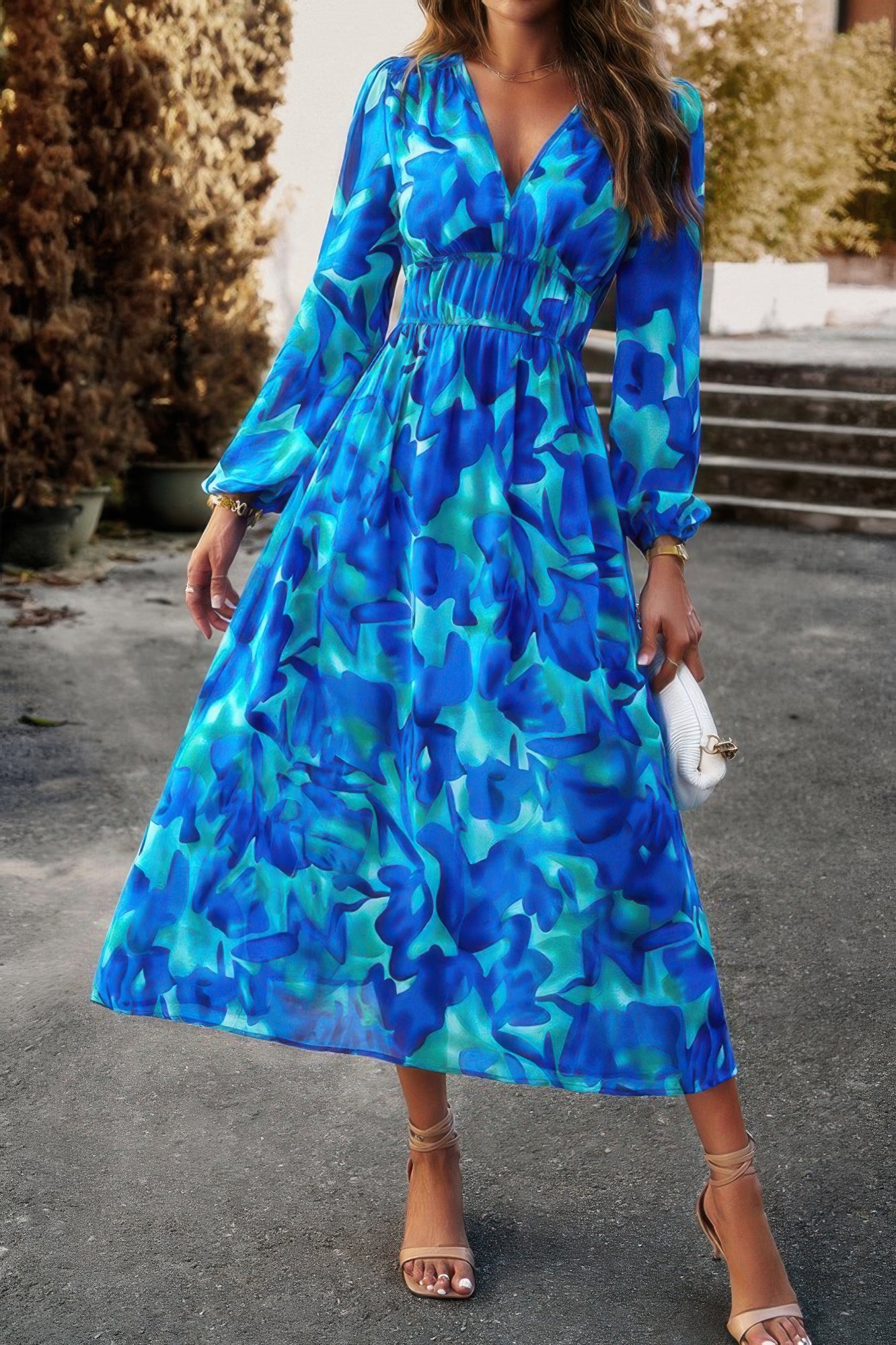 Boho V Neck A Line High Waist Long Sleeve Dress - Pikemla