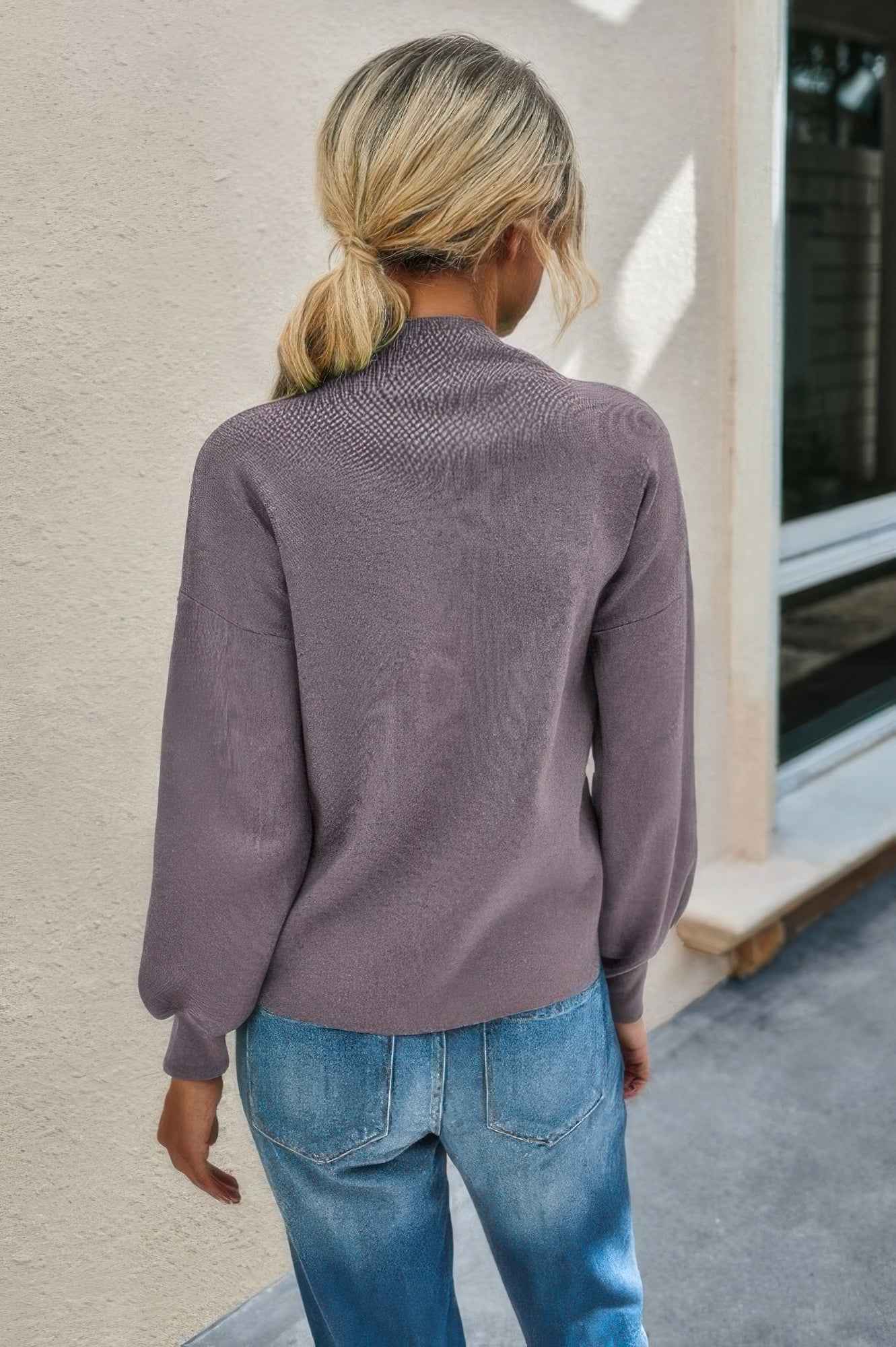 Drop Shoulder Solid Mock Neck Classic Knitted Sweater - Pikemla