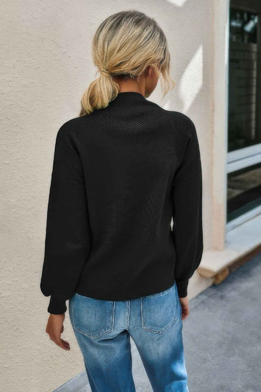 Drop Shoulder Solid Mock Neck Classic Knitted Sweater - Pikemla