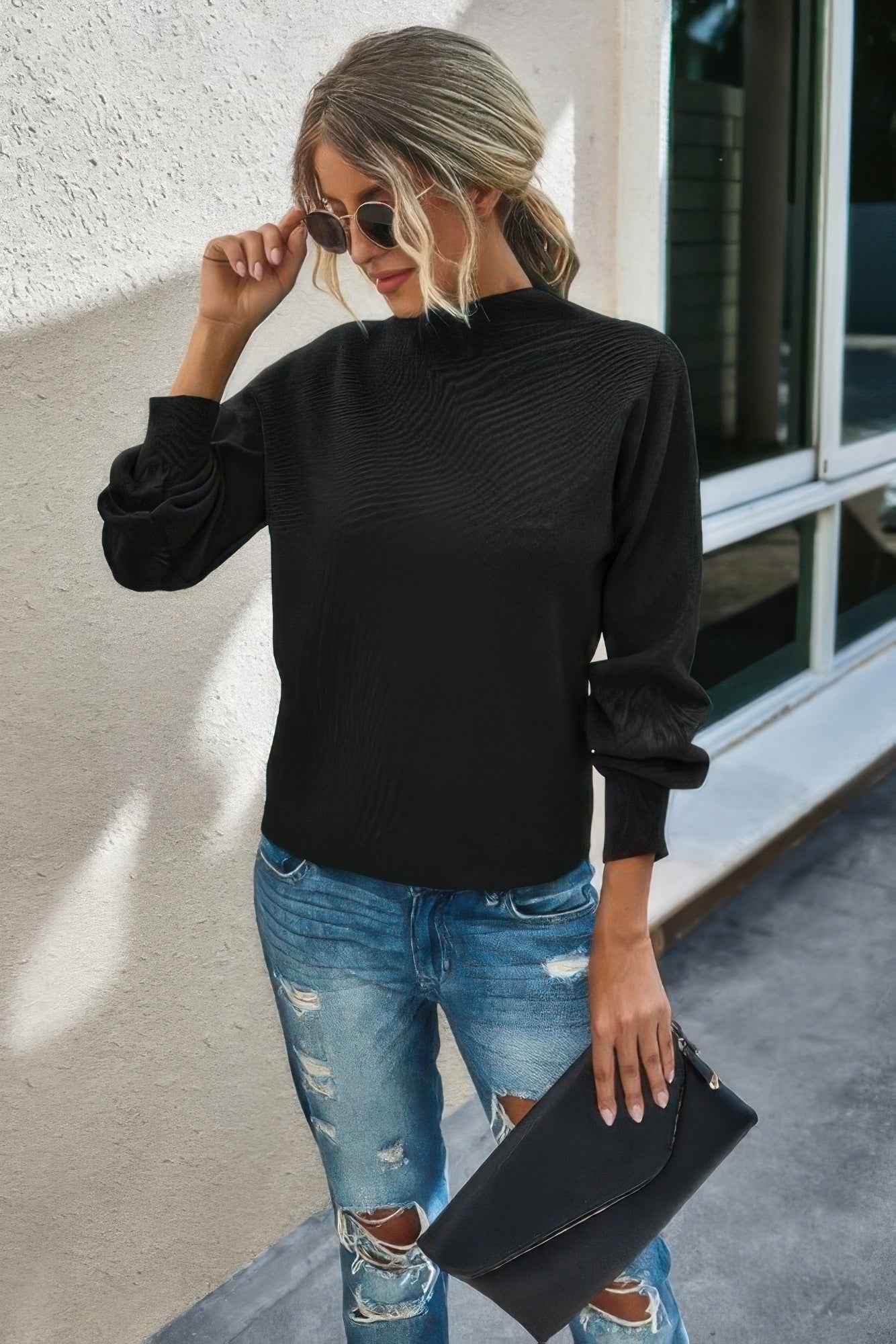 Drop Shoulder Solid Mock Neck Classic Knitted Sweater - Pikemla