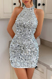 Sparkly Beaded Halter Bodycon Mini Dress - Pikemla