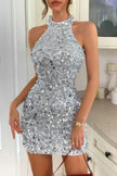 Sparkly Beaded Halter Bodycon Mini Dress - Pikemla