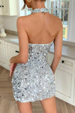 Sparkly Beaded Halter Bodycon Mini Dress - Pikemla