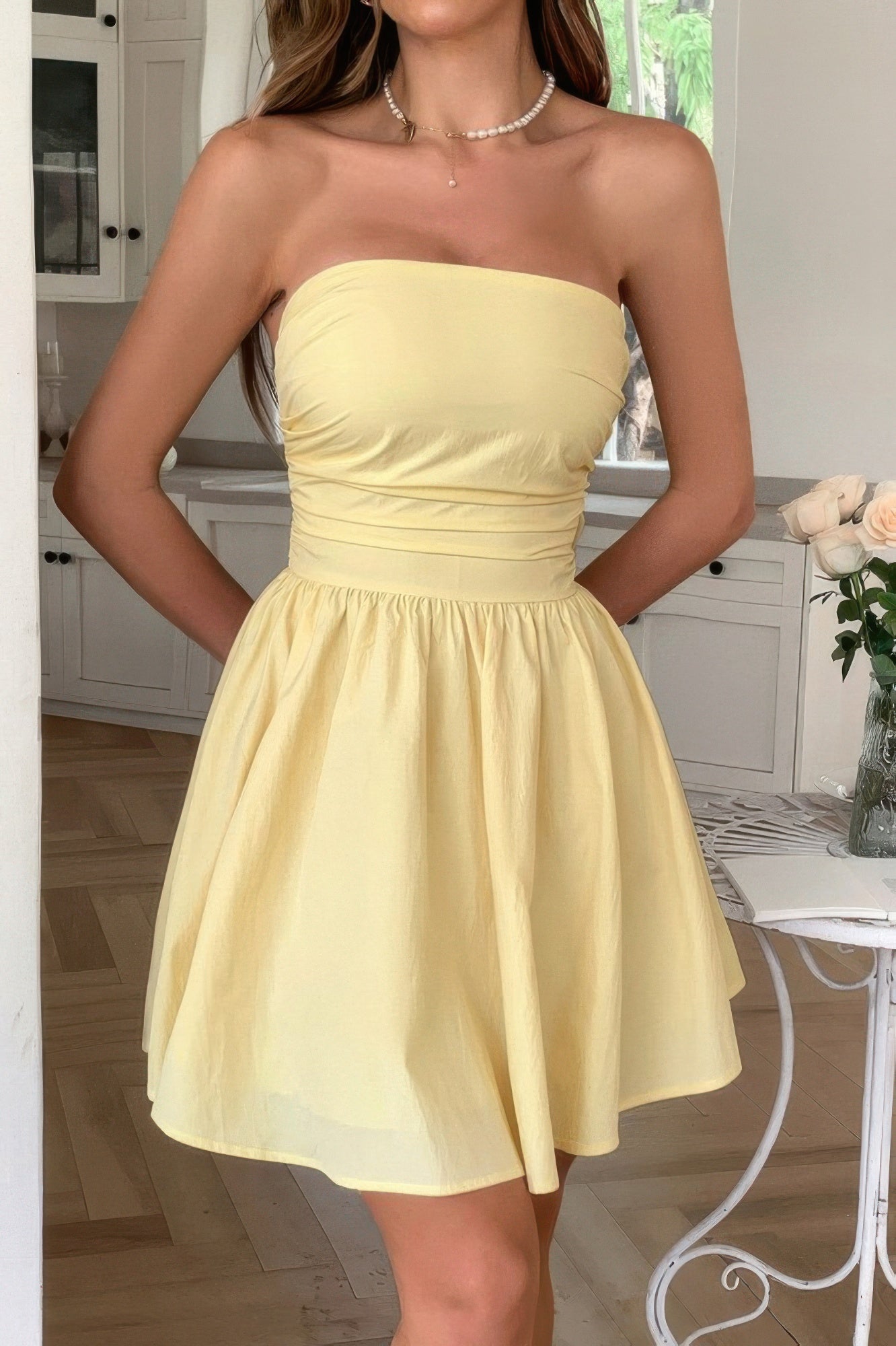 Solid Off Shoulder Tube Elastic Waist Dress - Pikemla