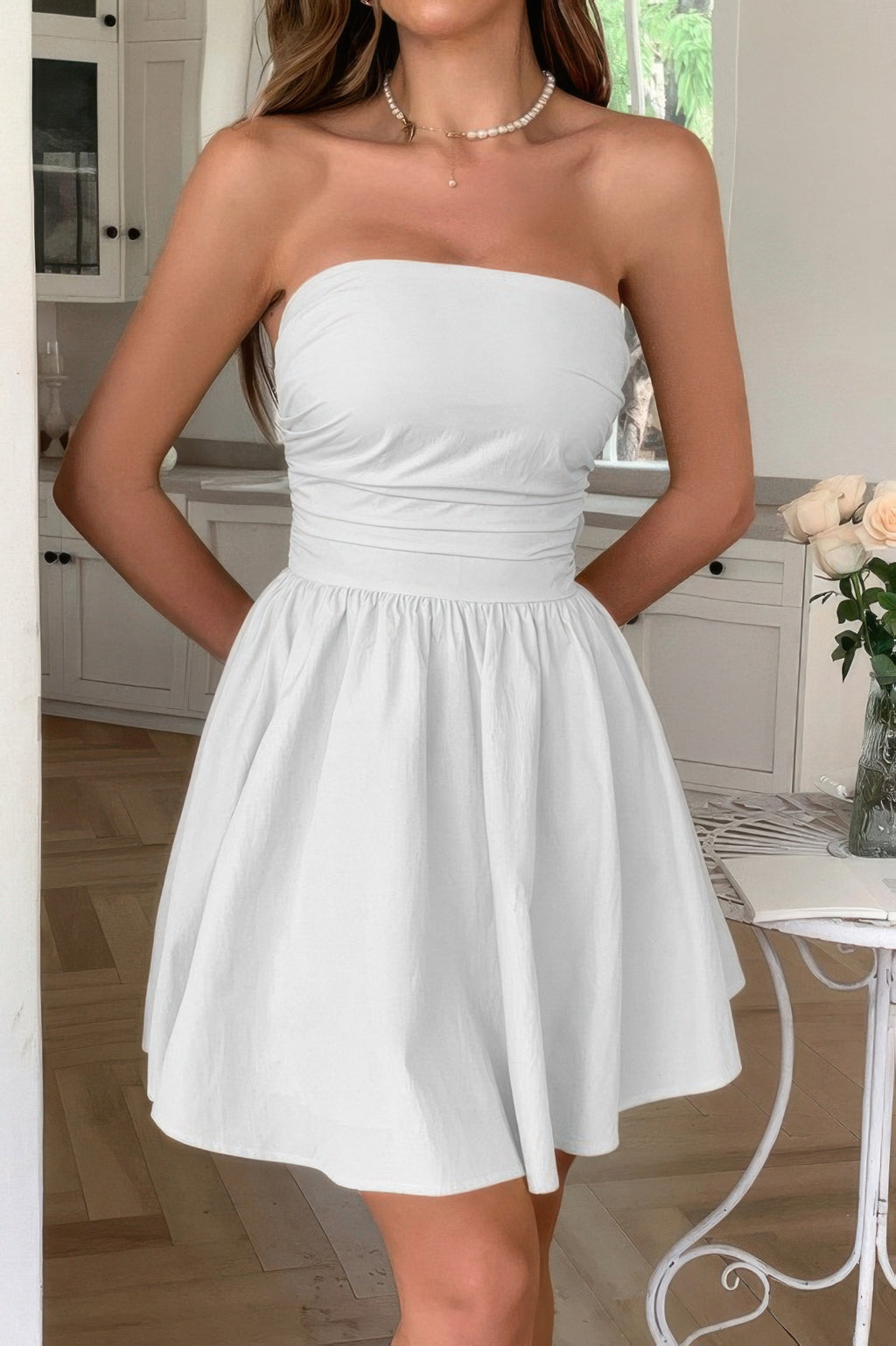 Solid Off Shoulder Tube Elastic Waist Dress - Pikemla