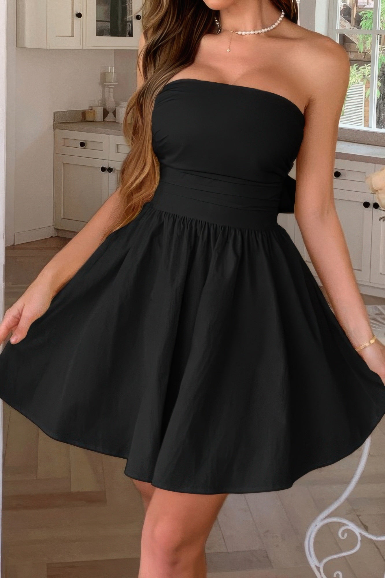 Solid Off Shoulder Tube Elastic Waist Dress - Pikemla