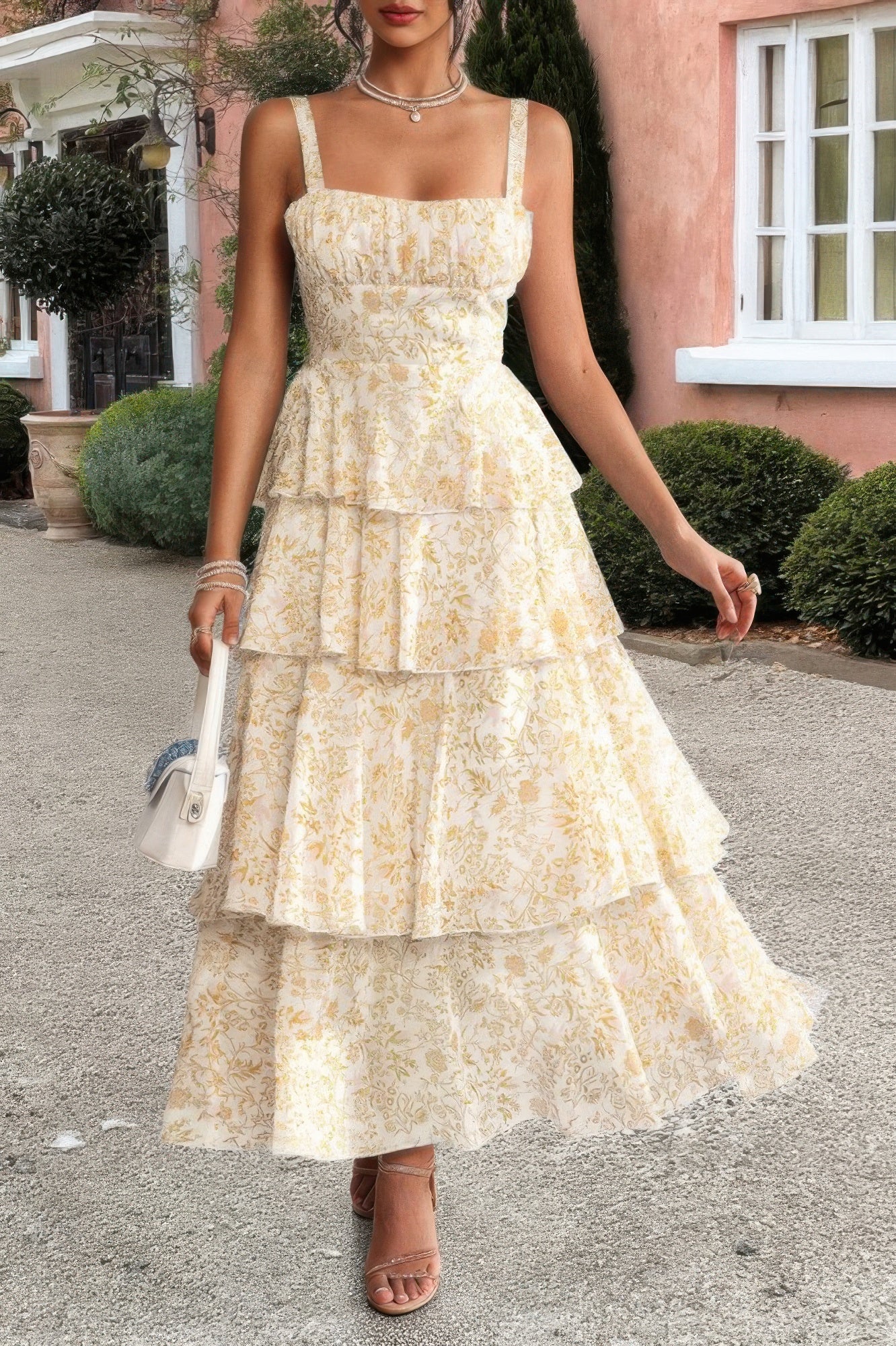 Floral Sleeveless Tie Back Tiered Full Dress - Pikemla