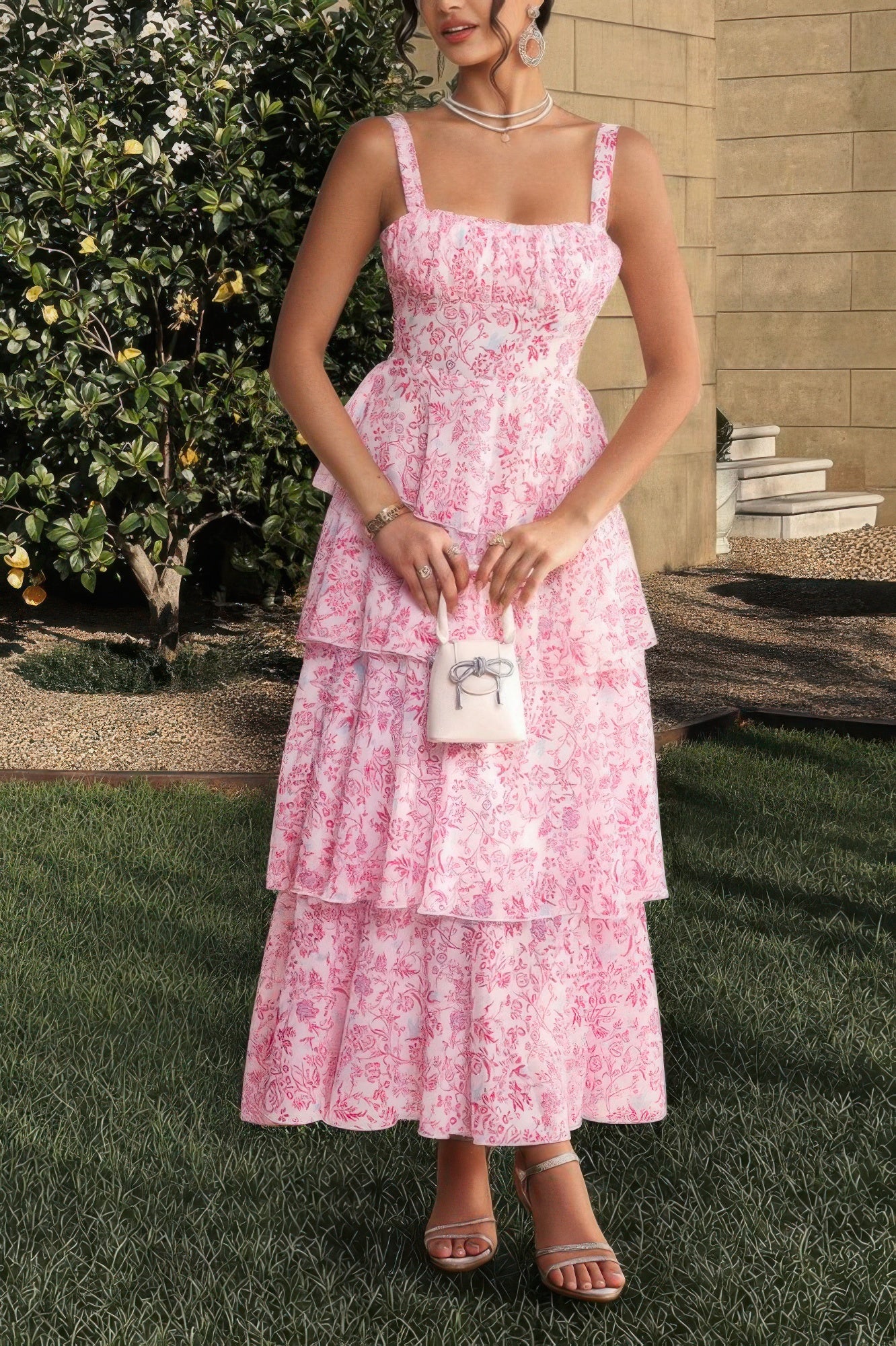 Floral Sleeveless Tie Back Tiered Full Dress - Pikemla