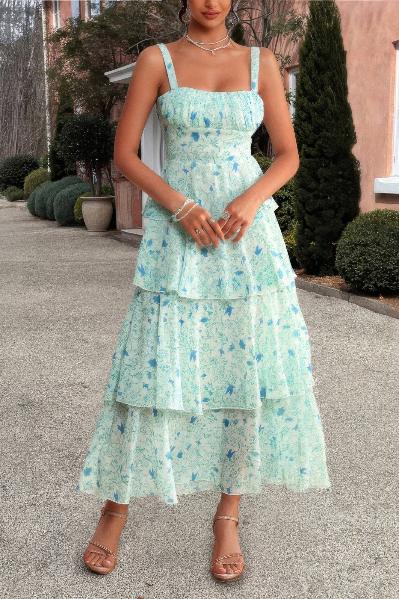 Floral Sleeveless Tie Back Tiered Full Dress - Pikemla