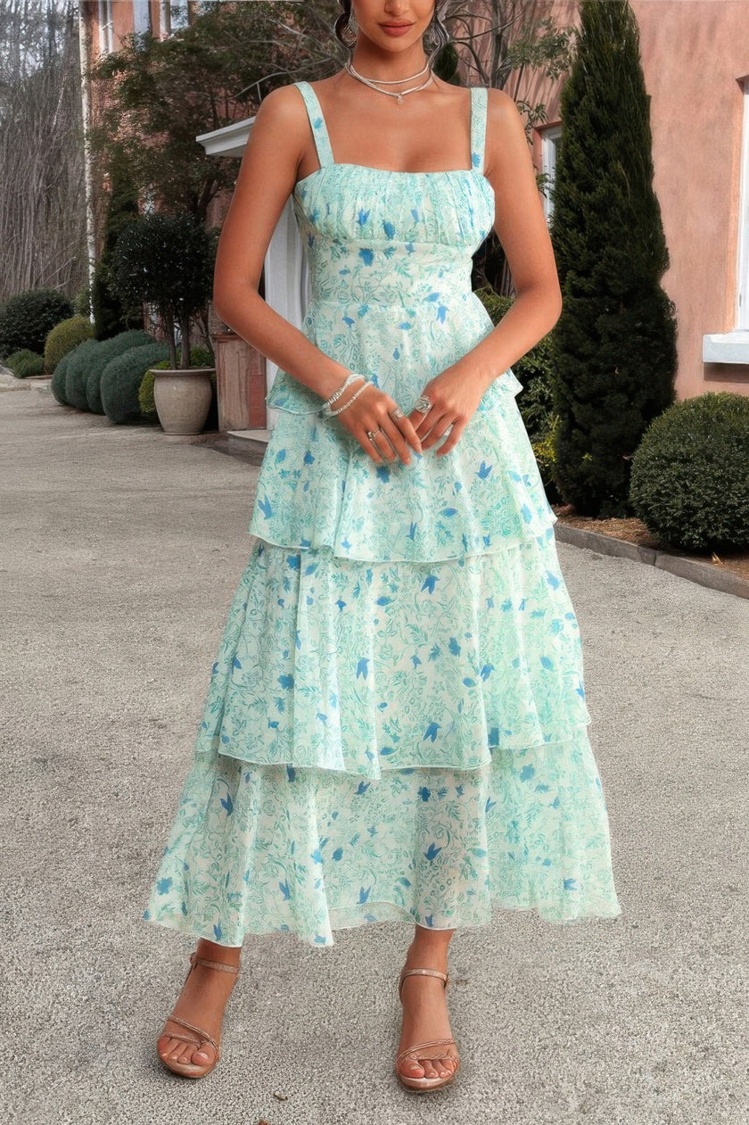 Floral Sleeveless Tie Back Tiered Full Dress - Pikemla