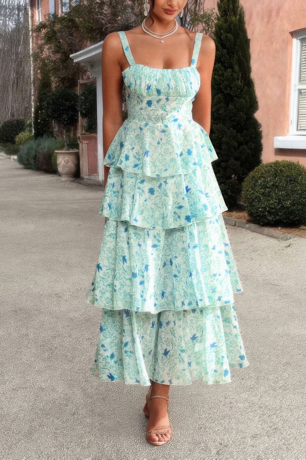 Floral Sleeveless Tie Back Tiered Full Dress - Pikemla