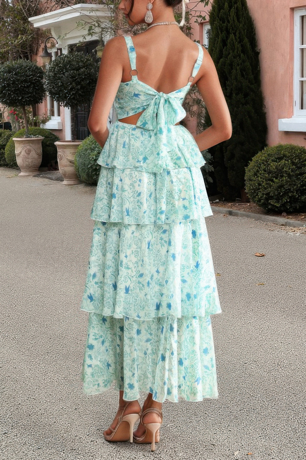 Floral Sleeveless Tie Back Tiered Full Dress - Pikemla