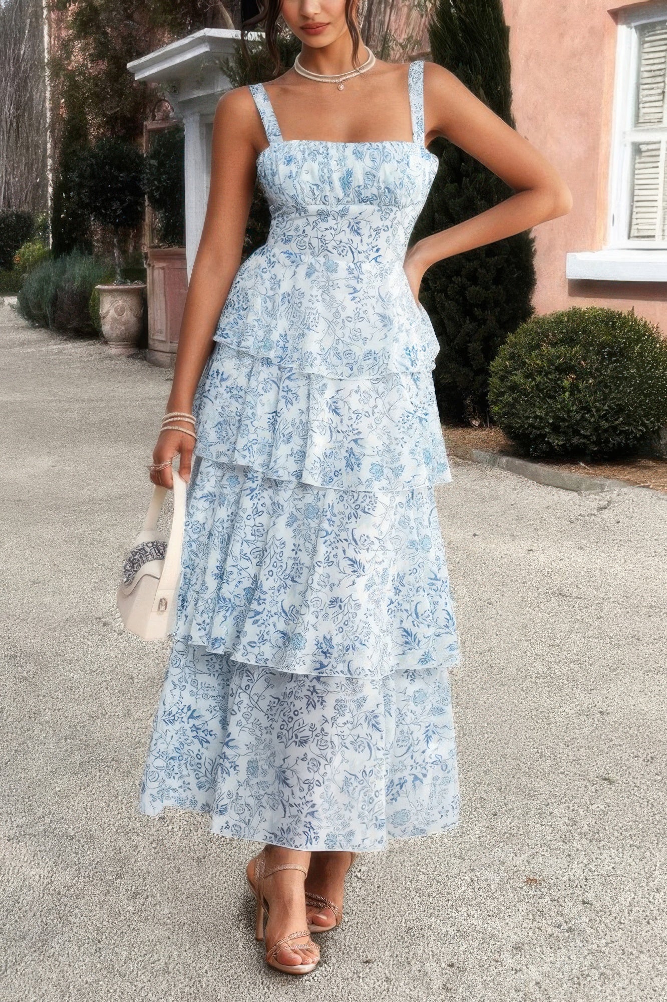 Floral Sleeveless Tie Back Tiered Full Dress - Pikemla