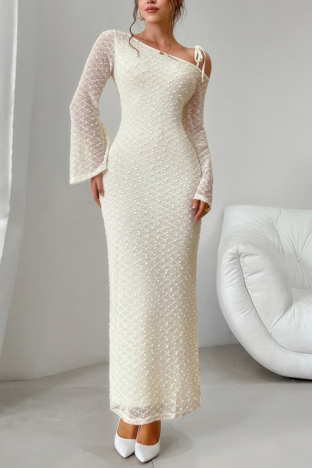 Solid Off Shoulder Bodycon Long Sleeve Dress - Pikemla