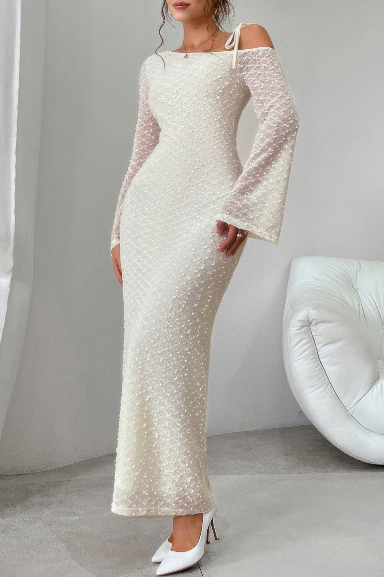 Solid Off Shoulder Bodycon Long Sleeve Dress - Pikemla