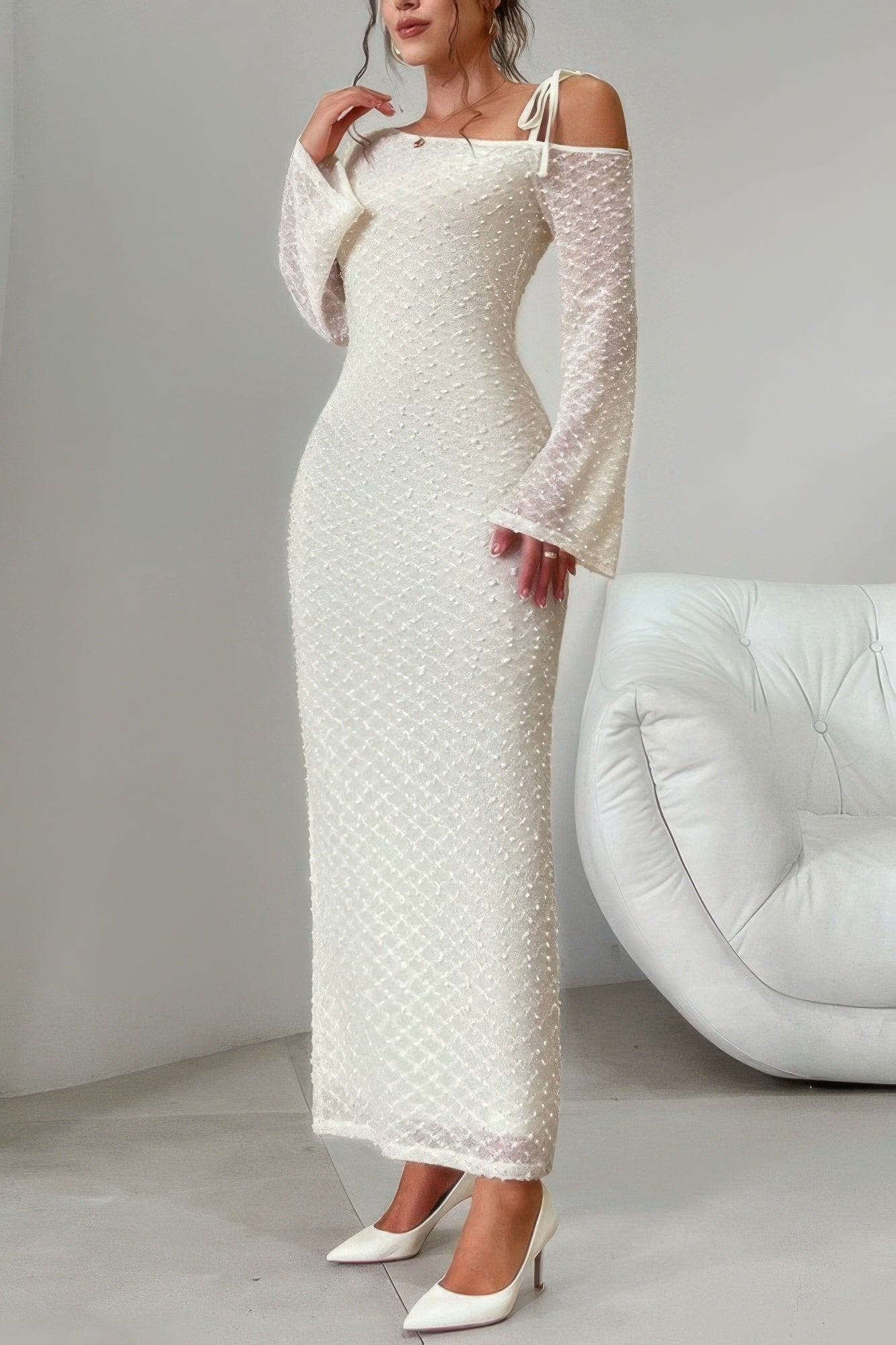 Solid Off Shoulder Bodycon Long Sleeve Dress - Pikemla
