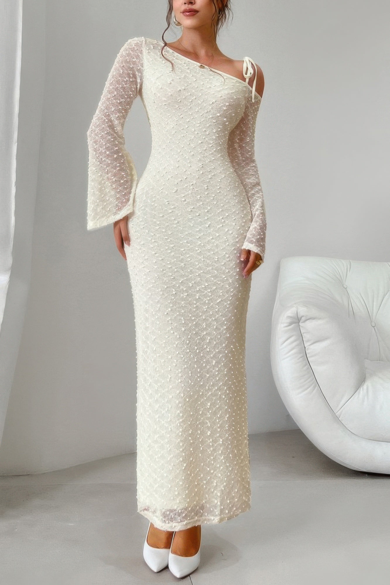 Solid Off Shoulder Bodycon Long Sleeve Dress - Pikemla