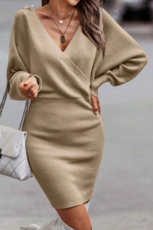 Tie Back Guipure Lace Panel Slim Fit Sweater Dress - Pikemla