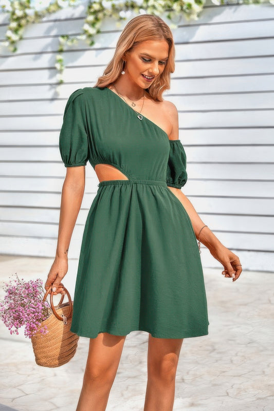 One Shoulder Puff Sleeve A Line Dress - Pikemla