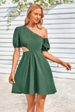 One Shoulder Puff Sleeve A Line Dress - Pikemla
