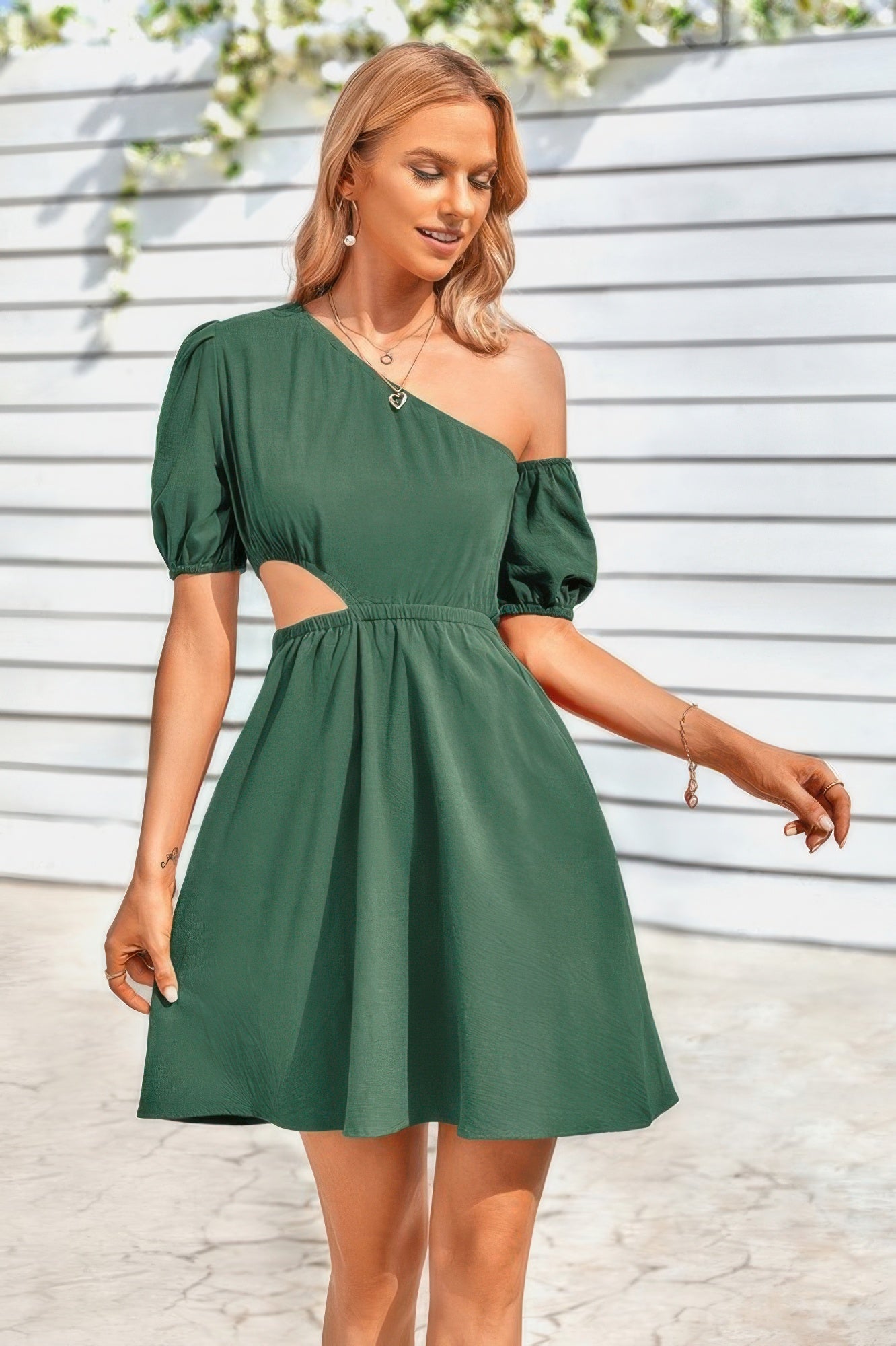 One Shoulder Puff Sleeve A Line Dress - Pikemla