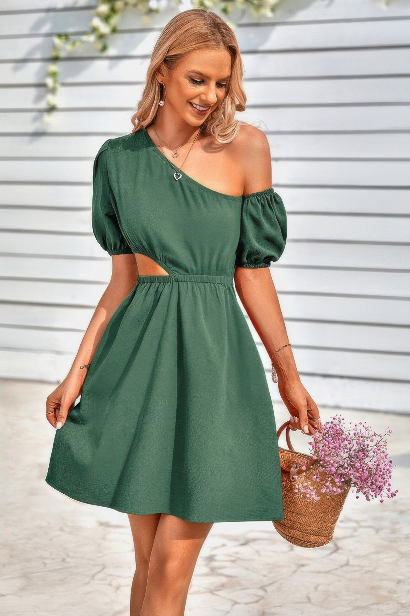 One Shoulder Puff Sleeve A Line Dress - Pikemla