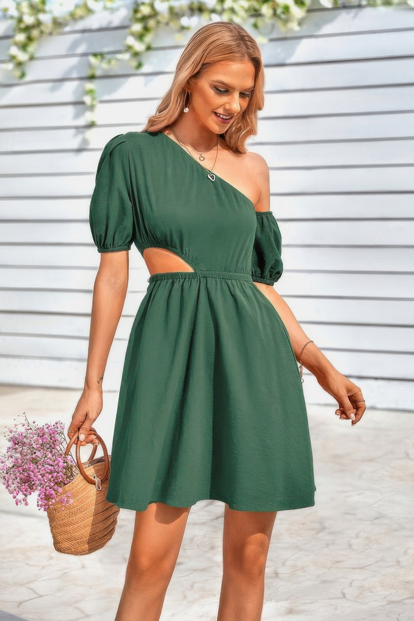 One Shoulder Puff Sleeve A Line Dress - Pikemla