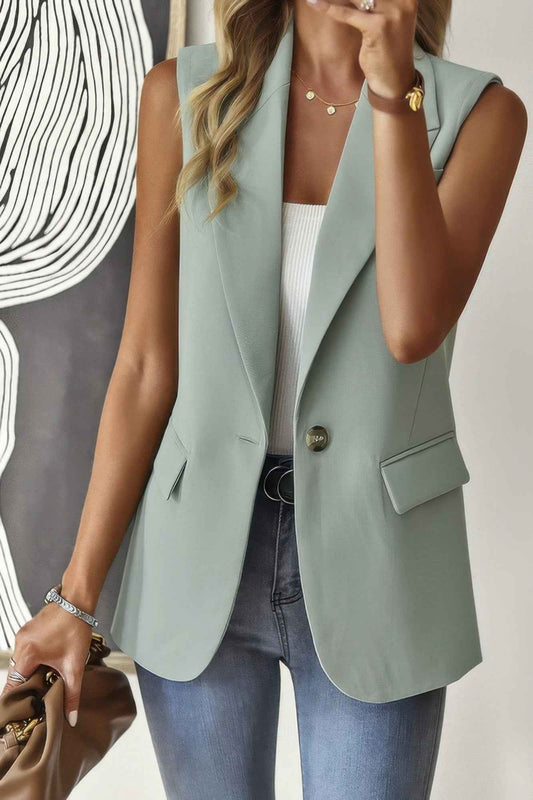 Sleeveless Solid Pockerts Button Front Open Suit - Pikemla