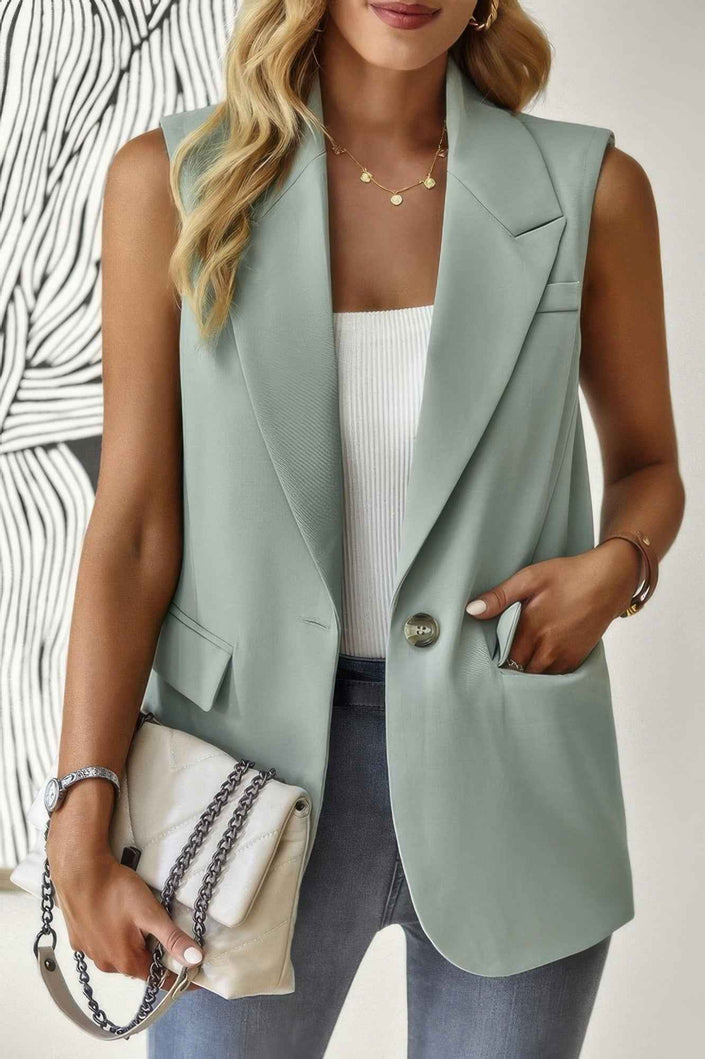 Sleeveless Solid Pockerts Button Front Open Suit - Pikemla