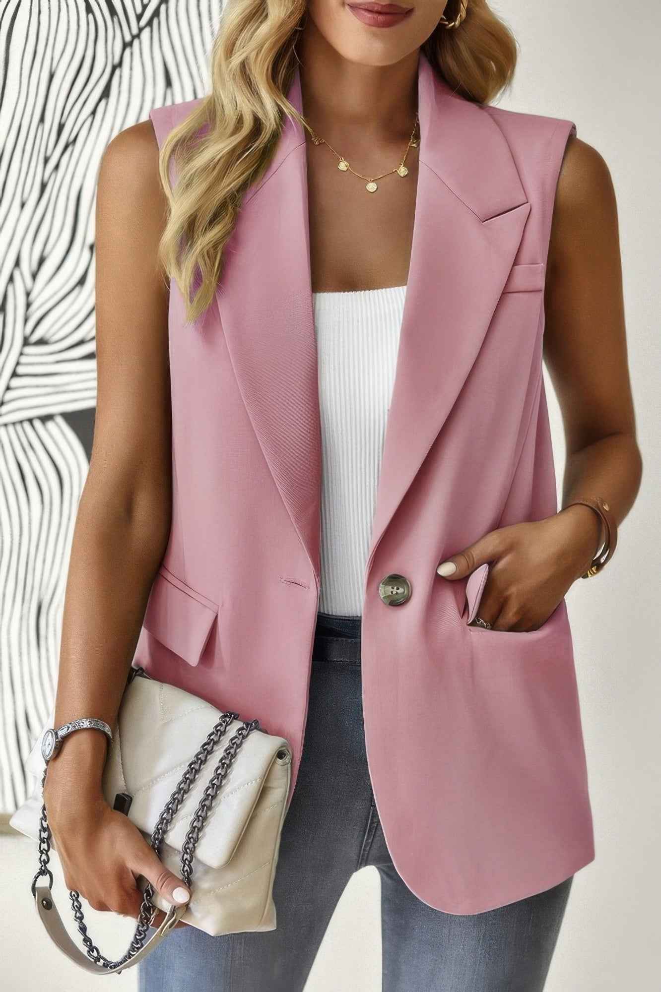 Sleeveless Solid Pockerts Button Front Open Suit - Pikemla