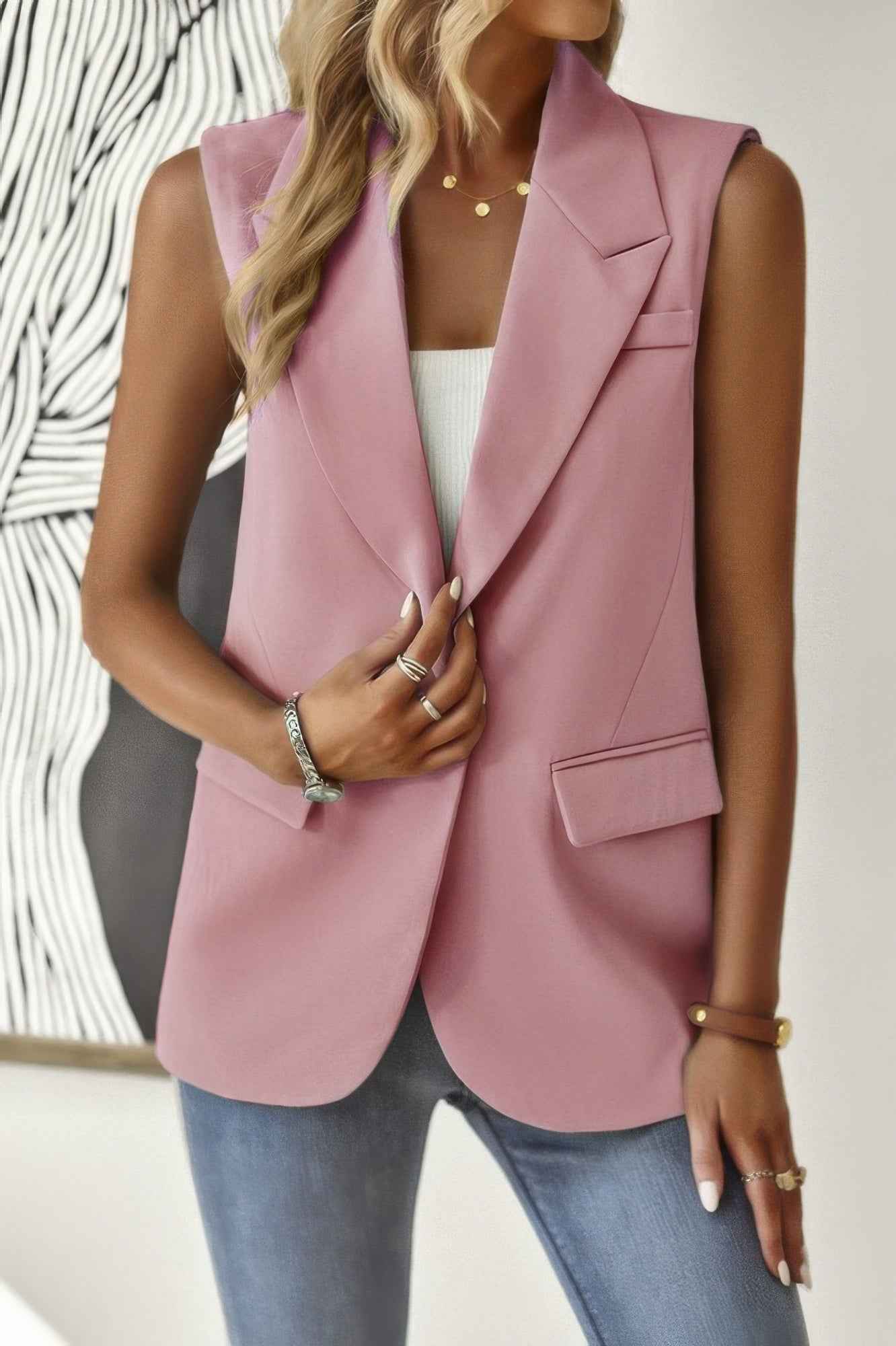 Sleeveless Solid Pockerts Button Front Open Suit - Pikemla