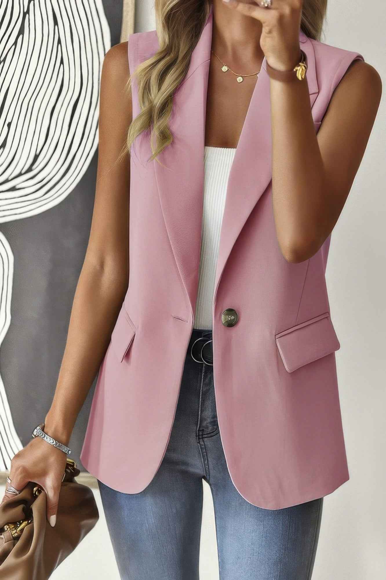 Sleeveless Solid Pockerts Button Front Open Suit - Pikemla