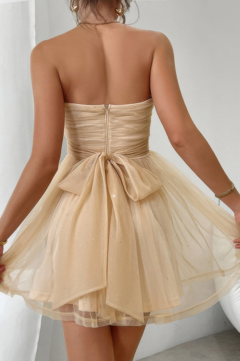 Off Shoulder Ruched Knot Zipper Pleated Short Dress - Pikemla