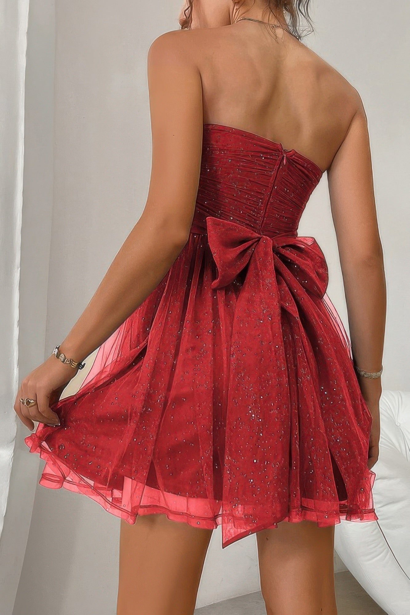 Off Shoulder Ruched Knot Zipper Pleated Short Dress - Pikemla