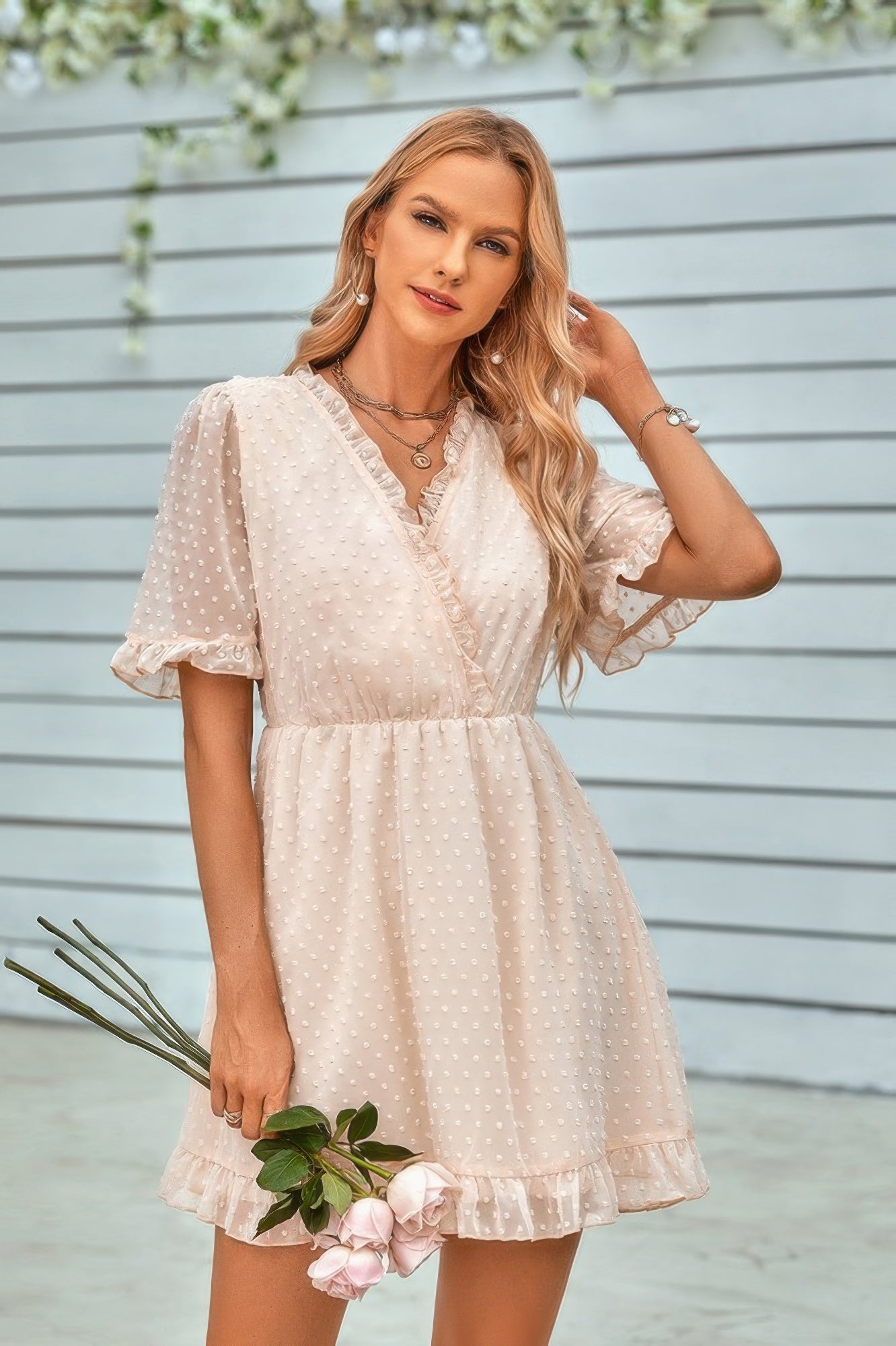Swiss Dot Frill Trim Puff Sleeve Surplice Dress - Pikemla