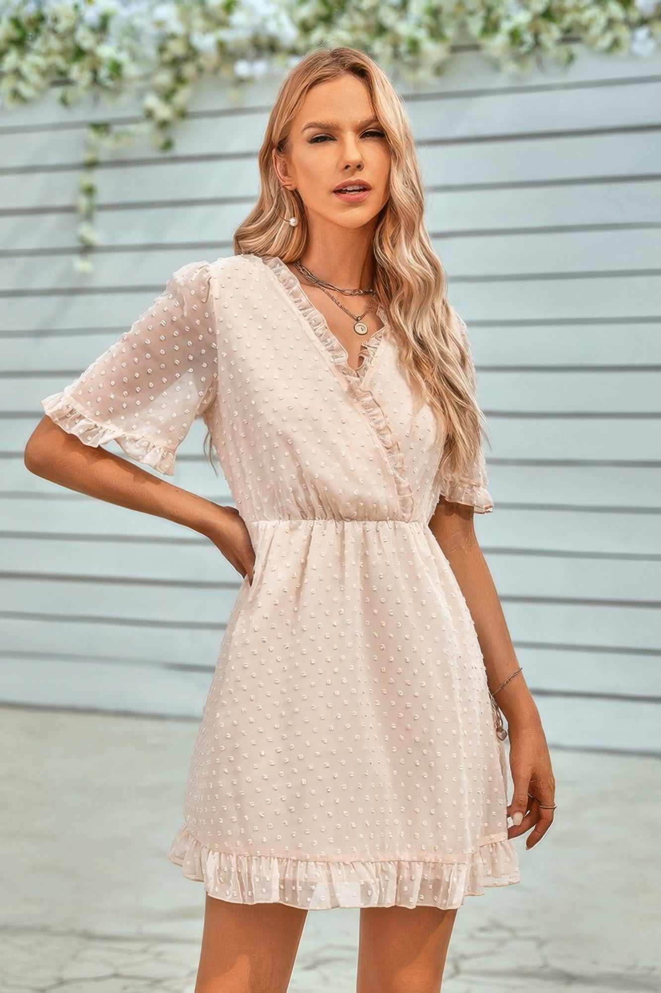 Swiss Dot Frill Trim Puff Sleeve Surplice Dress - Pikemla