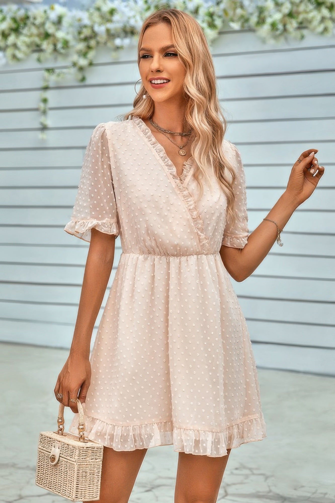 Swiss Dot Frill Trim Puff Sleeve Surplice Dress - Pikemla