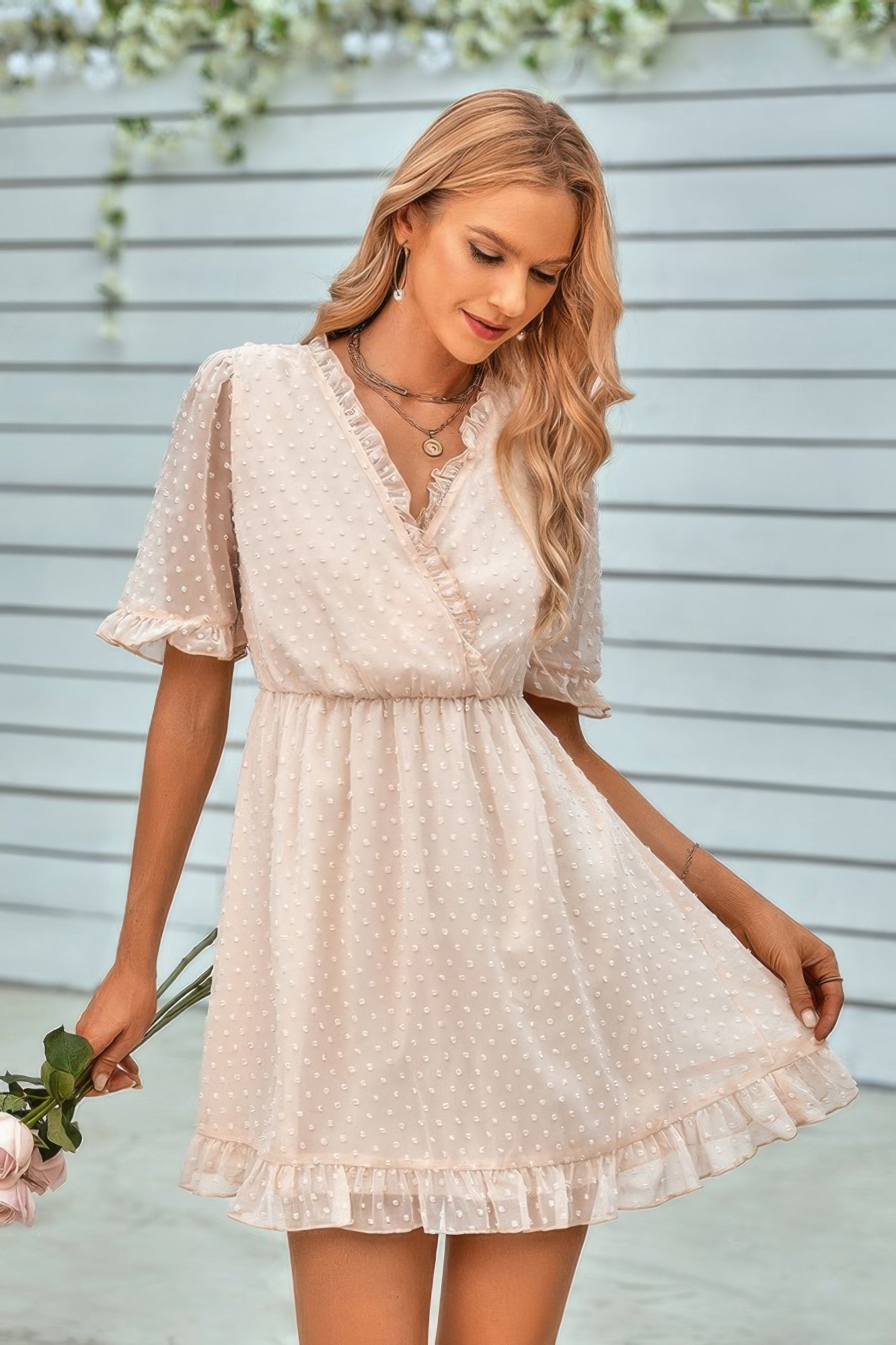 Swiss Dot Frill Trim Puff Sleeve Surplice Dress - Pikemla
