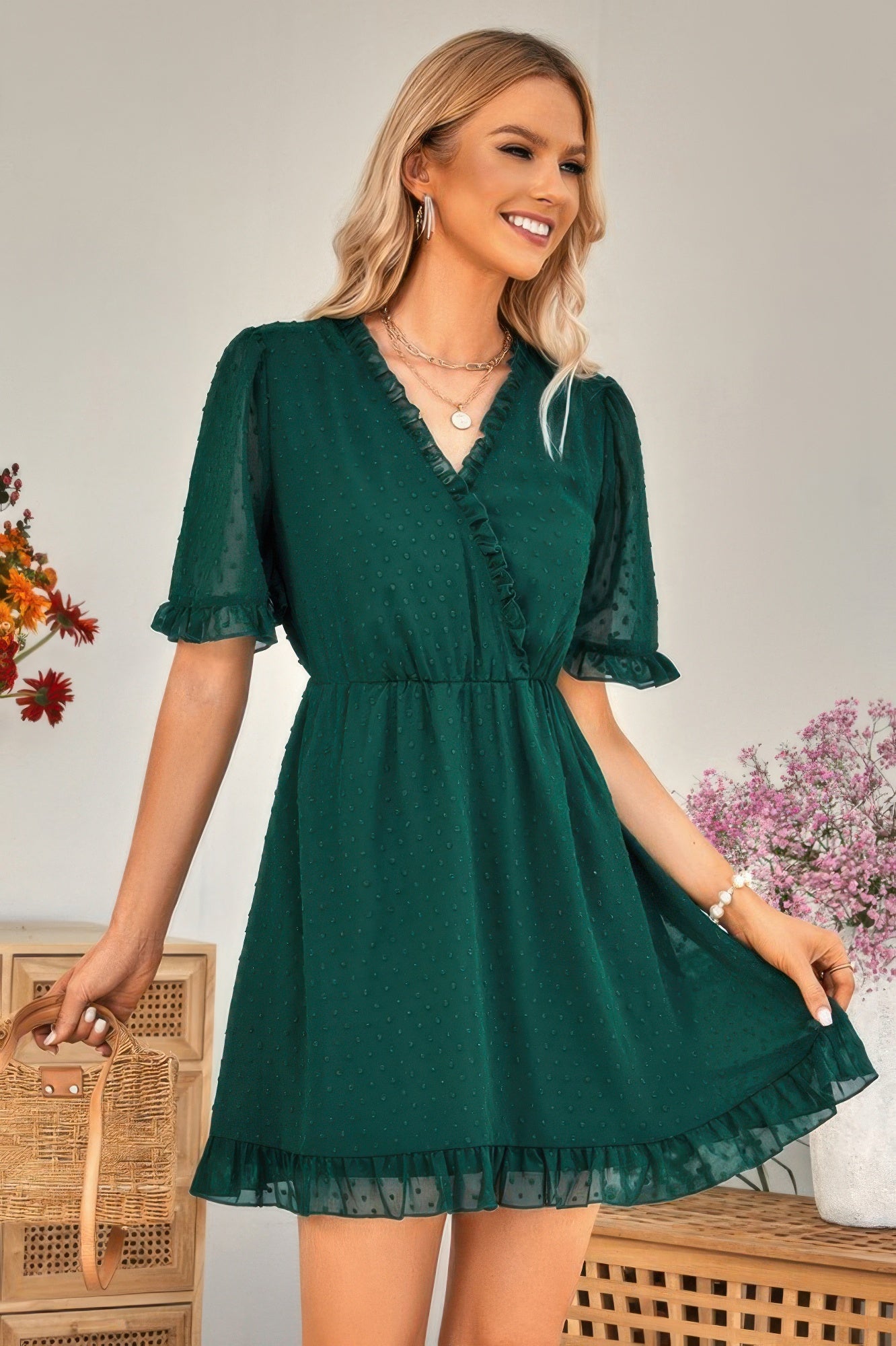 Swiss Dot Frill Trim Puff Sleeve Surplice Dress - Pikemla