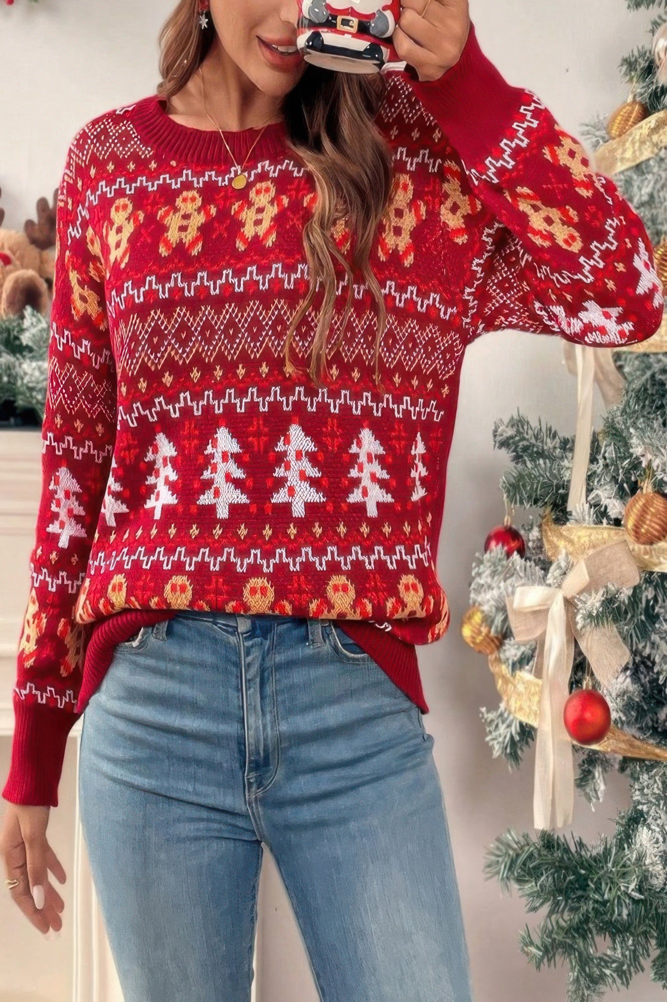 Knit Christmas Print Round Neck Loose Fit Sweater - Pikemla