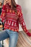 Knit Christmas Print Round Neck Loose Fit Sweater - Pikemla